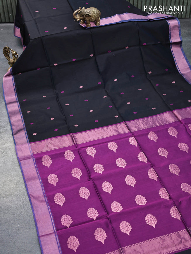 Maheshwari silk cotton saree black and purple with thread & copper zari woven buttas and copper zari woven border