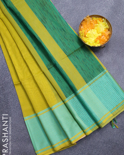 Maheshwari silk cotton saree lime yellow and teal green with plain body and thread woven border
