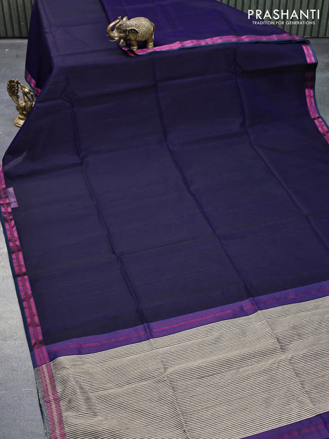 Maheshwari silk cotton saree navy blue and beige with plain body and zari woven border
