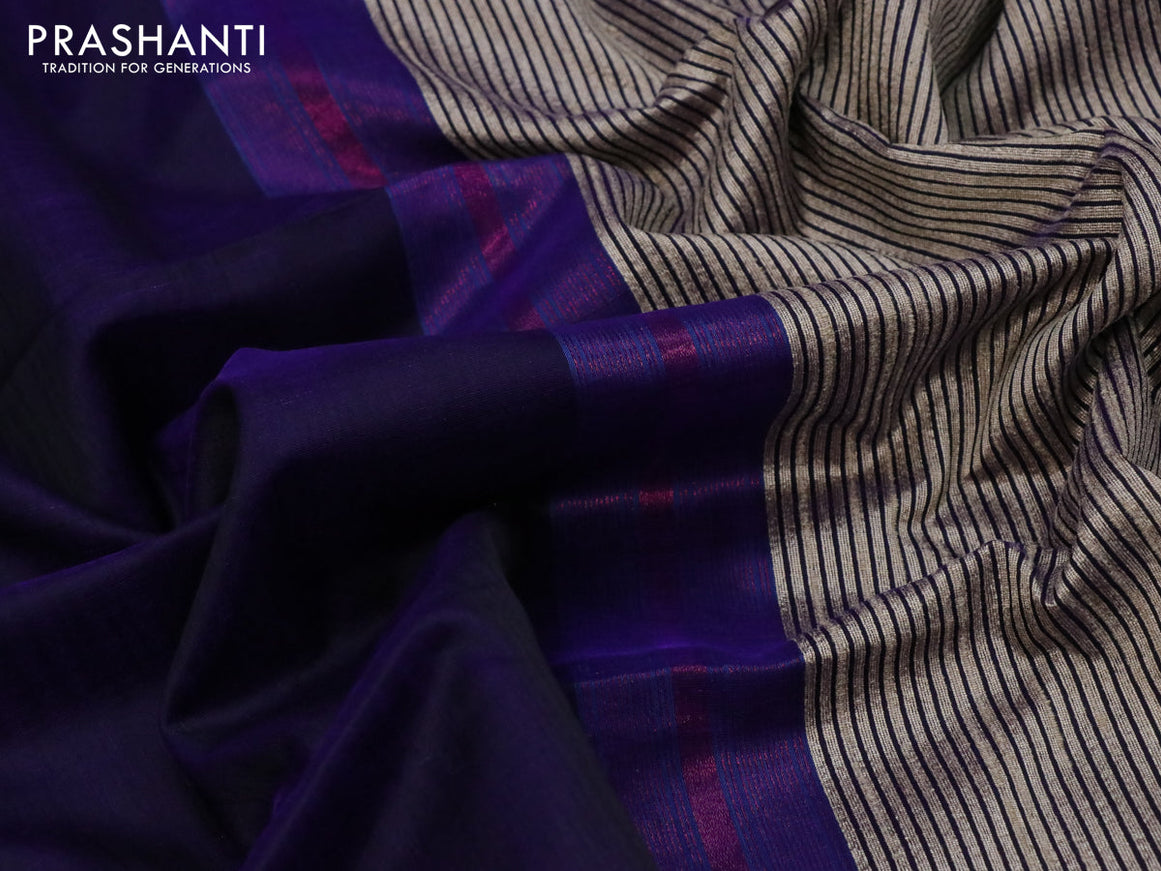 Maheshwari silk cotton saree navy blue and beige with plain body and zari woven border