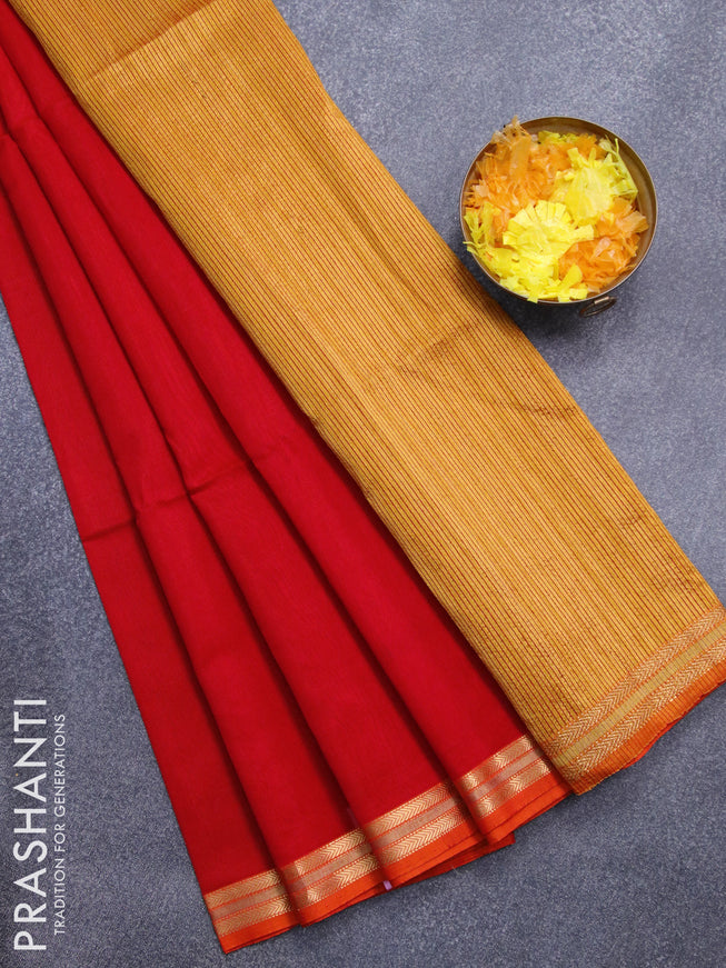 Maheshwari silk cotton saree red and mustard yellow with plain body and zari woven border
