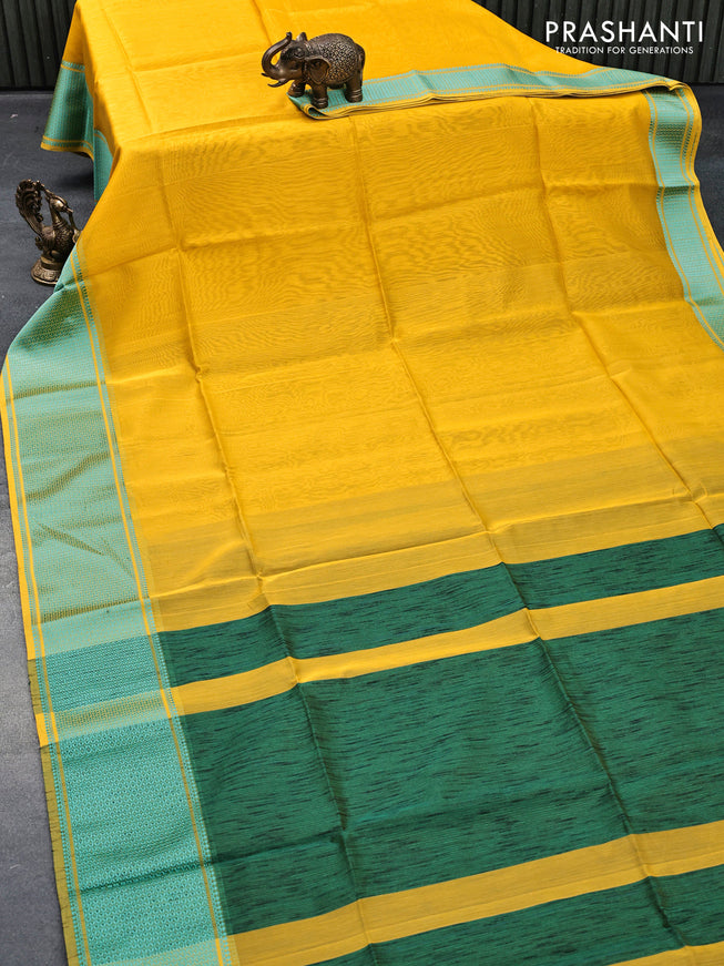 Maheshwari silk cotton saree yellow and green with plain body and thread woven border