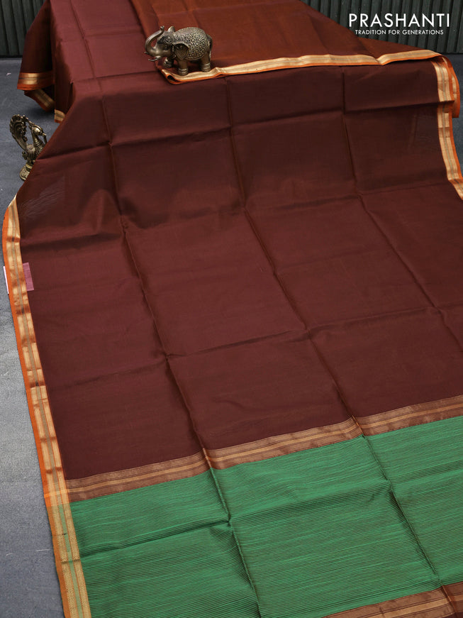 Maheshwari silk cotton saree rustic orange and green with plain body and zari woven border