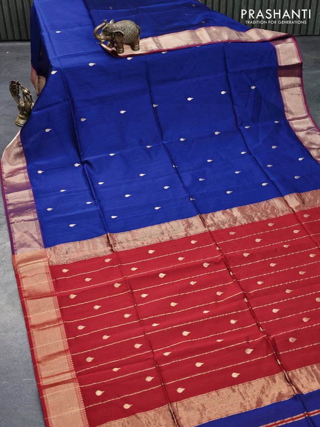 Maheshwari silk cotton saree blue and maroon with zari woven buttas and zari woven border