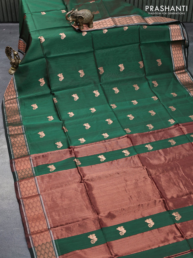 Maheshwari silk cotton saree green and maroon with copper zari woven buttas and copper zari woven border