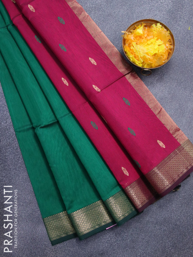Maheshwari silk cotton saree green and dark magenta pink with thread & zari woven buttas and zari woven border
