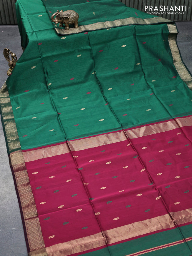 Maheshwari silk cotton saree green and dark magenta pink with thread & zari woven buttas and zari woven border