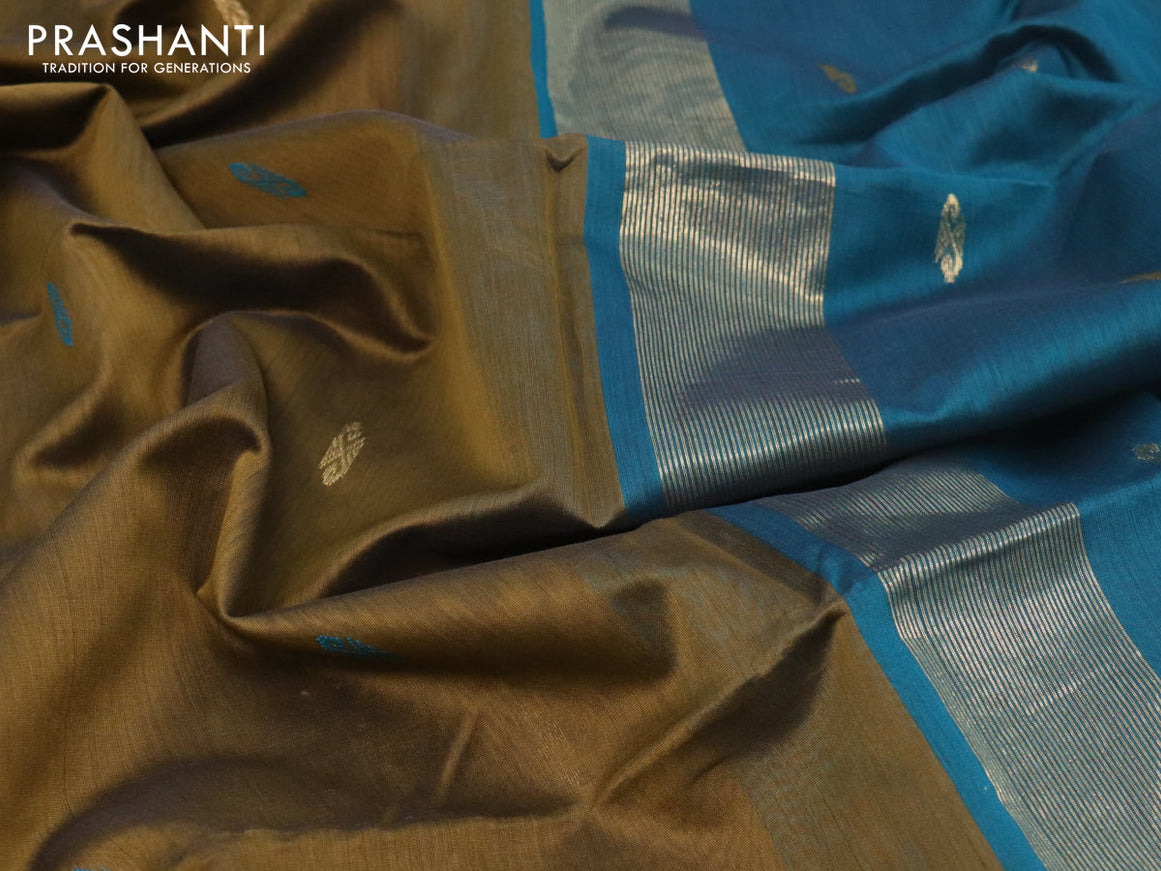 Maheshwari silk cotton saree dark mehendi green and peacock blue with thread & zari woven buttas and zari woven border
