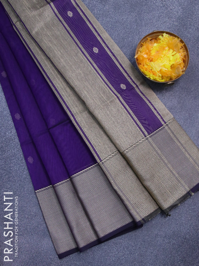 Maheshwari silk cotton saree deep violet and beige with thread woven buttas and thread woven border
