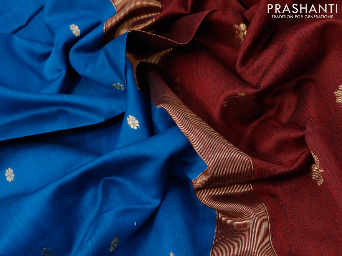Maheshwari silk cotton saree peacock blue and deep maroon with zari woven buttas and zari woven border