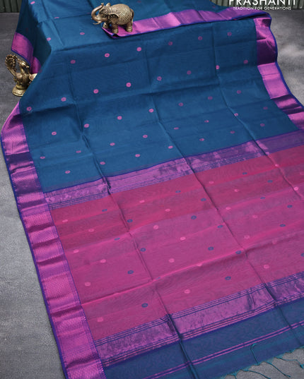 Maheshwari silk cotton saree peacock blue and purple with zari woven buttas and zari woven border
