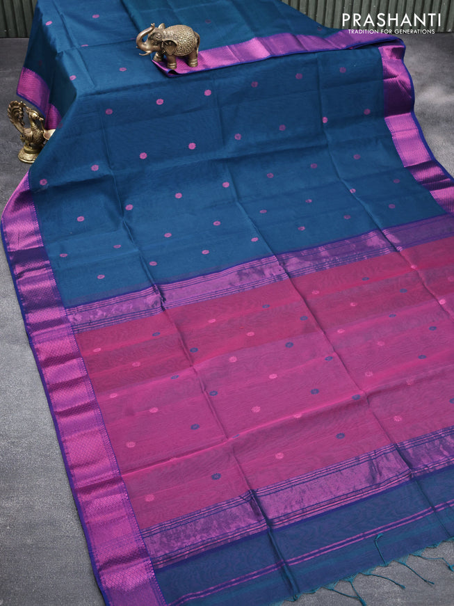 Maheshwari silk cotton saree peacock blue and purple with zari woven buttas and zari woven border