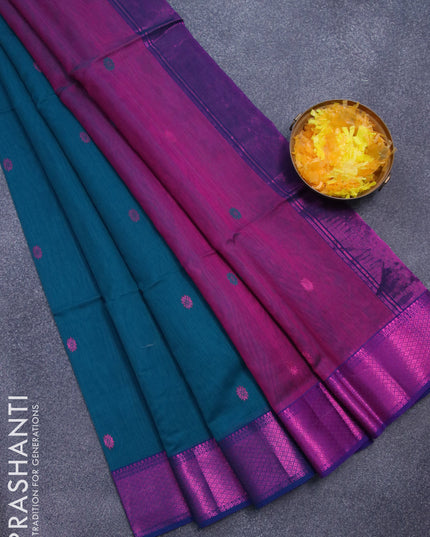 Maheshwari silk cotton saree peacock green and purple with zari woven buttas and zari woven border