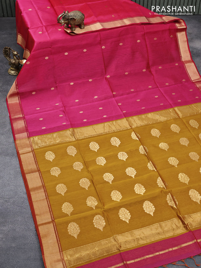 Maheshwari silk cotton saree pink and mustard yellow with zari woven buttas and zari woven border