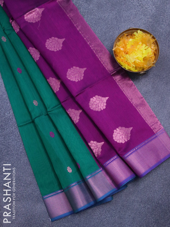 Maheshwari silk cotton saree green and purple with thread & copper zari woven buttas and copper zari woven border