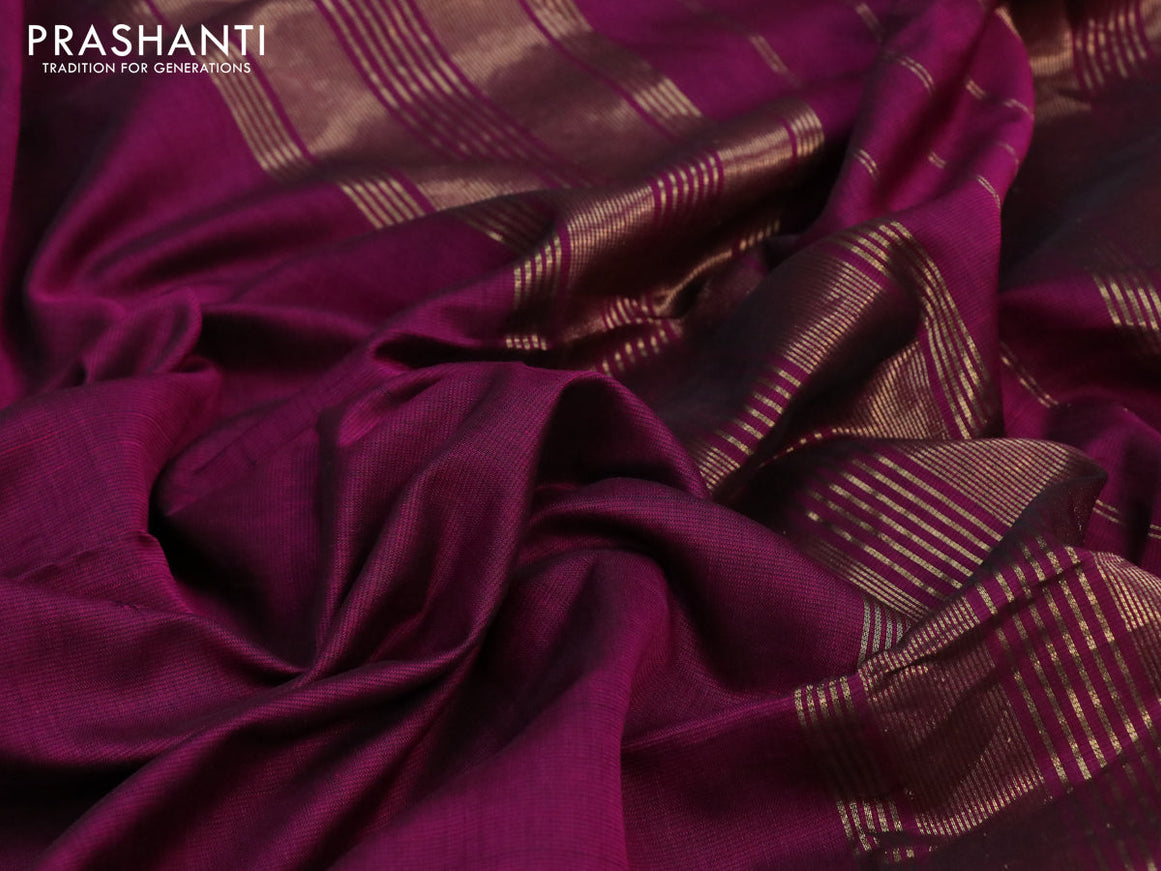 Maheshwari silk cotton saree dark magenta pink with plain body and zari woven border