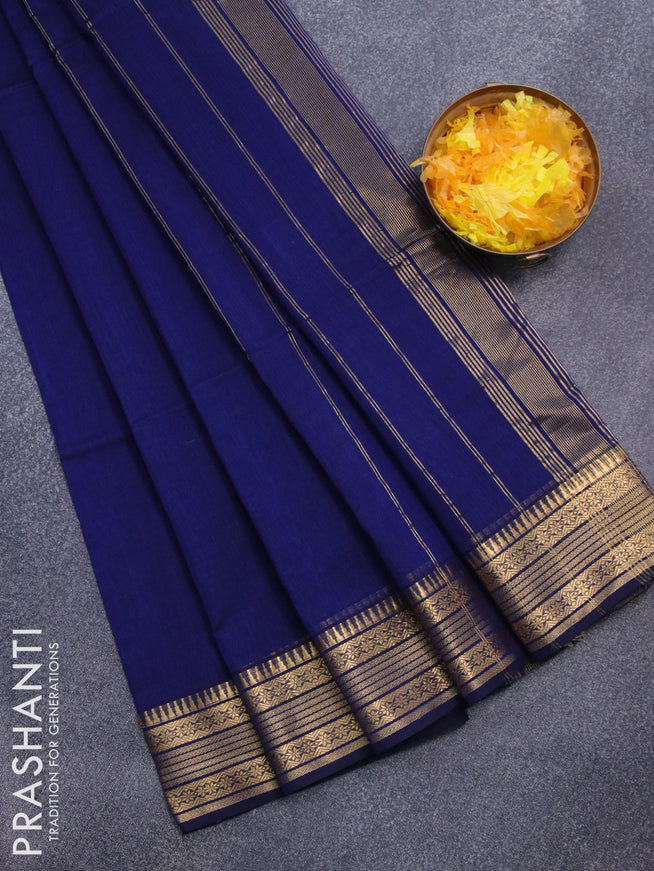 Maheshwari silk cotton saree navy blue with plain body and zari woven border
