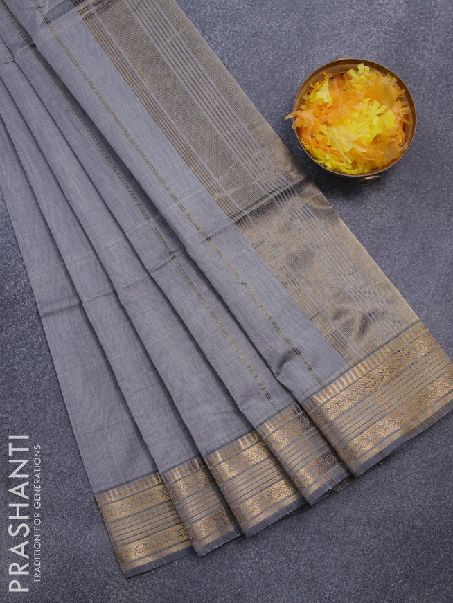 Maheshwari silk cotton saree grey with plain body and zari woven border