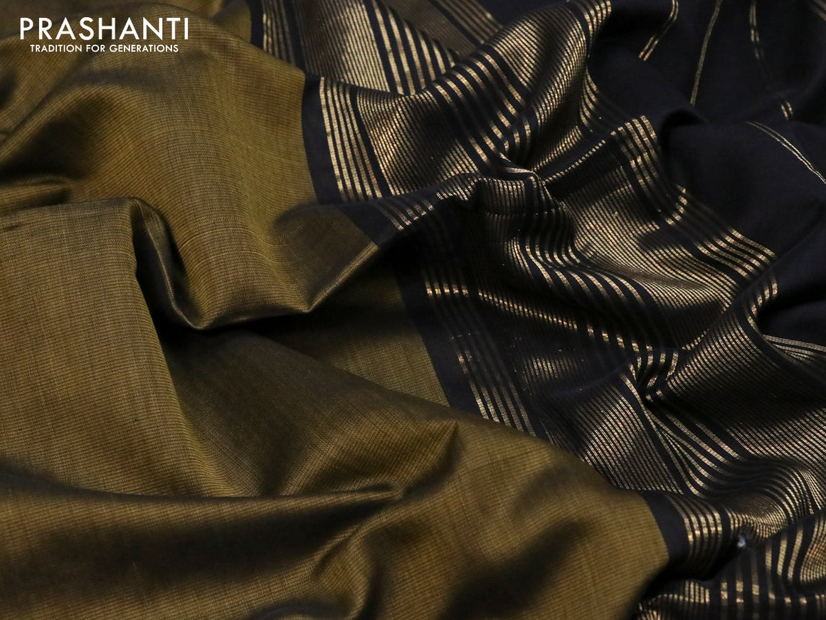 Maheshwari silk cotton saree dark mehendi green and black with plain body and zari woven border
