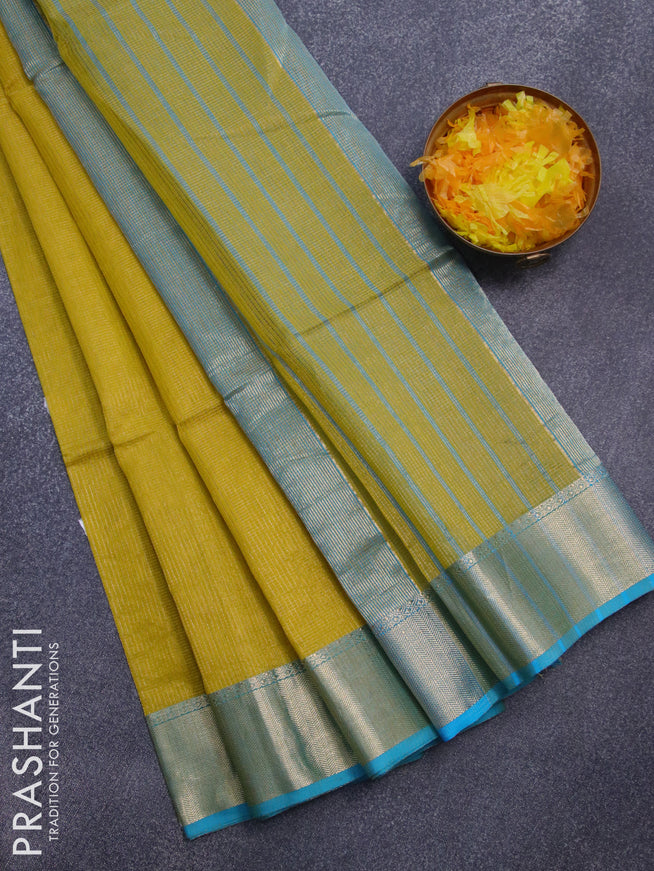 Maheshwari silk cotton saree lime yellow and teal blue with allover zari checked pattern and zari woven border
