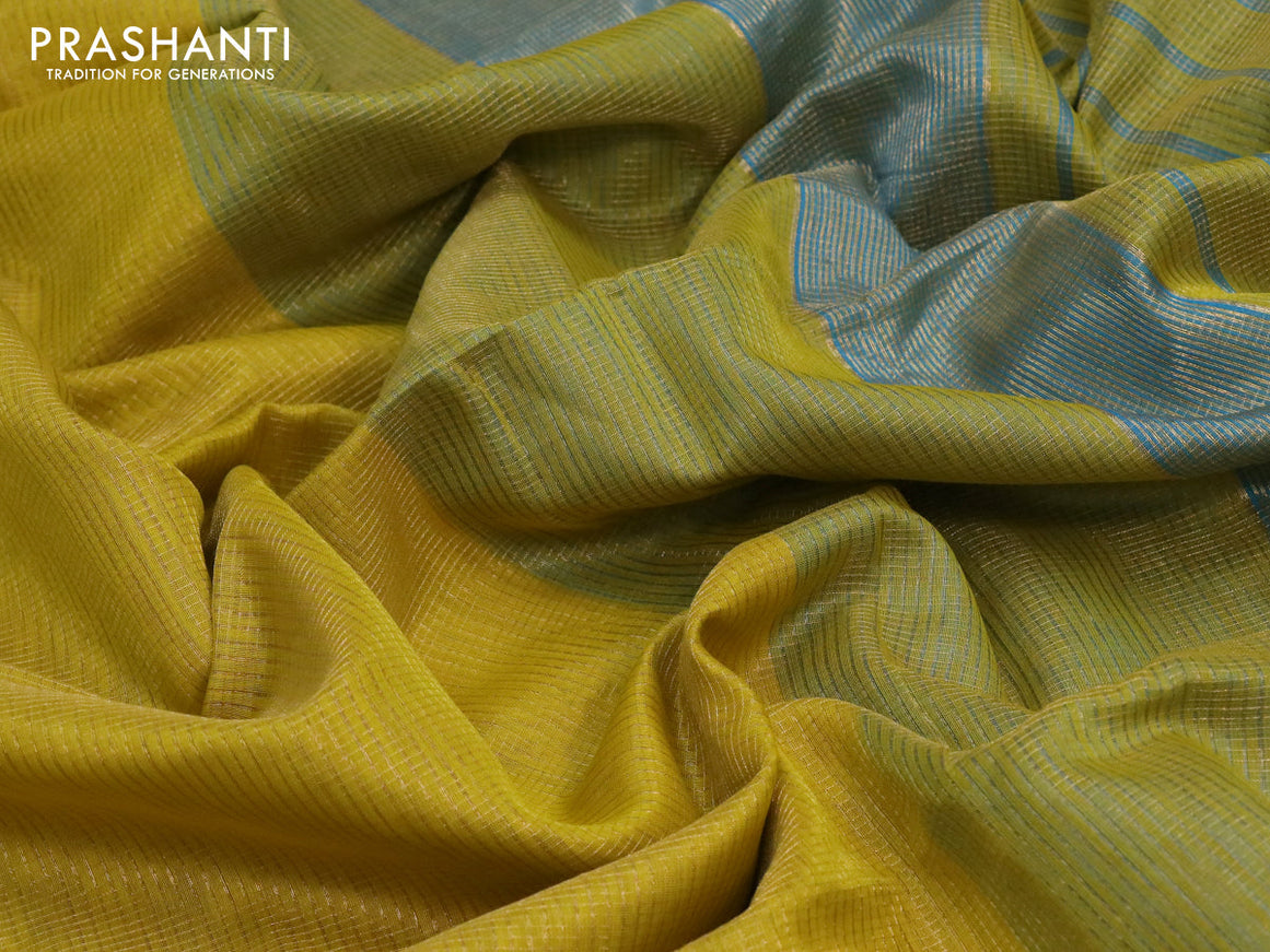 Maheshwari silk cotton saree lime yellow and teal blue with allover zari checked pattern and zari woven border