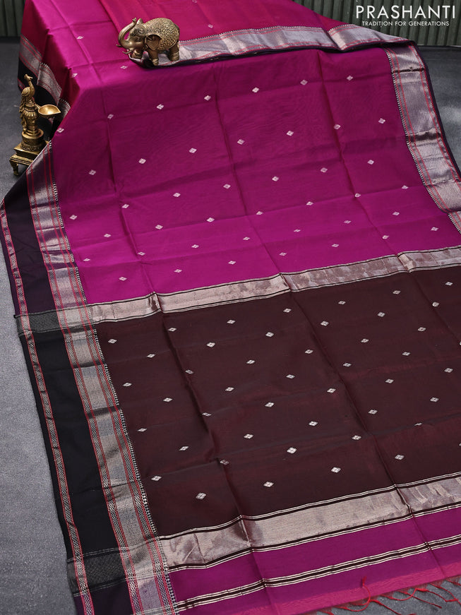 Maheshwari silk cotton saree purple and deep maroon with silver zari woven buttas and thread & zari woven border