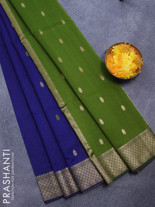 Maheshwari silk cotton saree blue and mehendi green with thread & zari woven buttas and zari woven border