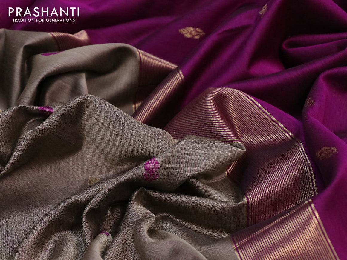Maheshwari silk cotton saree chikku shade and purple with thread & zari woven buttas and zari woven border