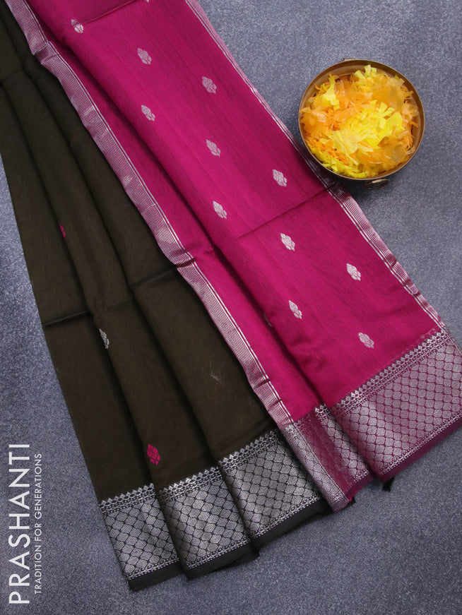 Maheshwari silk cotton saree dark mehendi green and magenta pink with thread & silver zari woven buttas and silver zari woven border