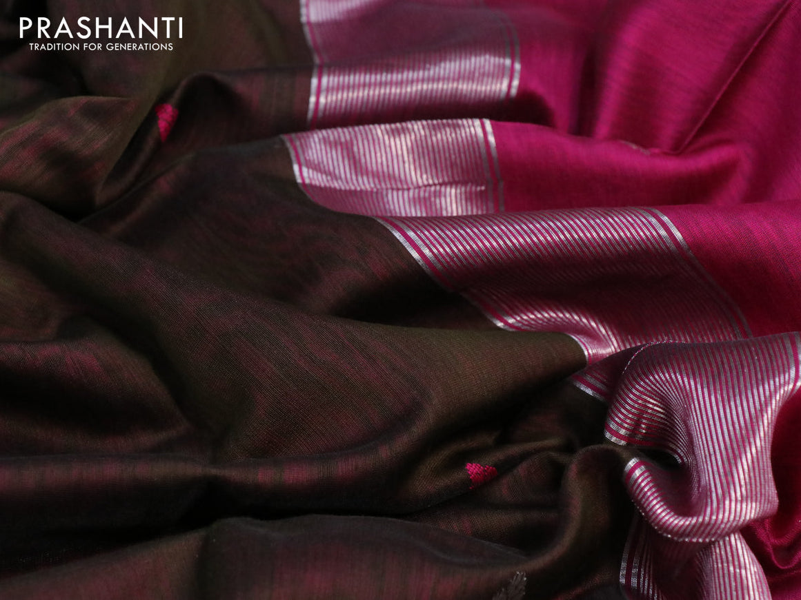 Maheshwari silk cotton saree dark mehendi green and magenta pink with thread & silver zari woven buttas and silver zari woven border
