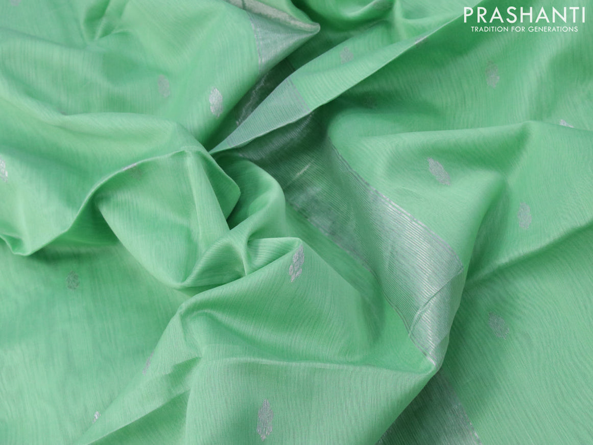 Maheshwari silk cotton saree pista green with silver zari woven buttas and zari woven border