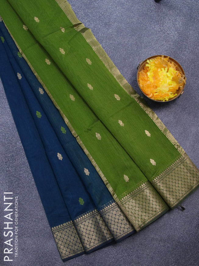 Maheshwari silk cotton saree dark peacock blue and mehendi green with thread & zari woven buttas and zari woven border