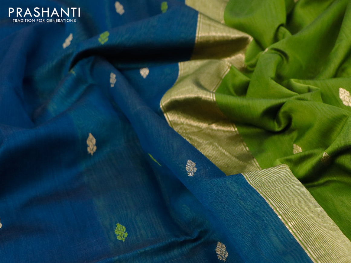 Maheshwari silk cotton saree dark peacock blue and mehendi green with thread & zari woven buttas and zari woven border