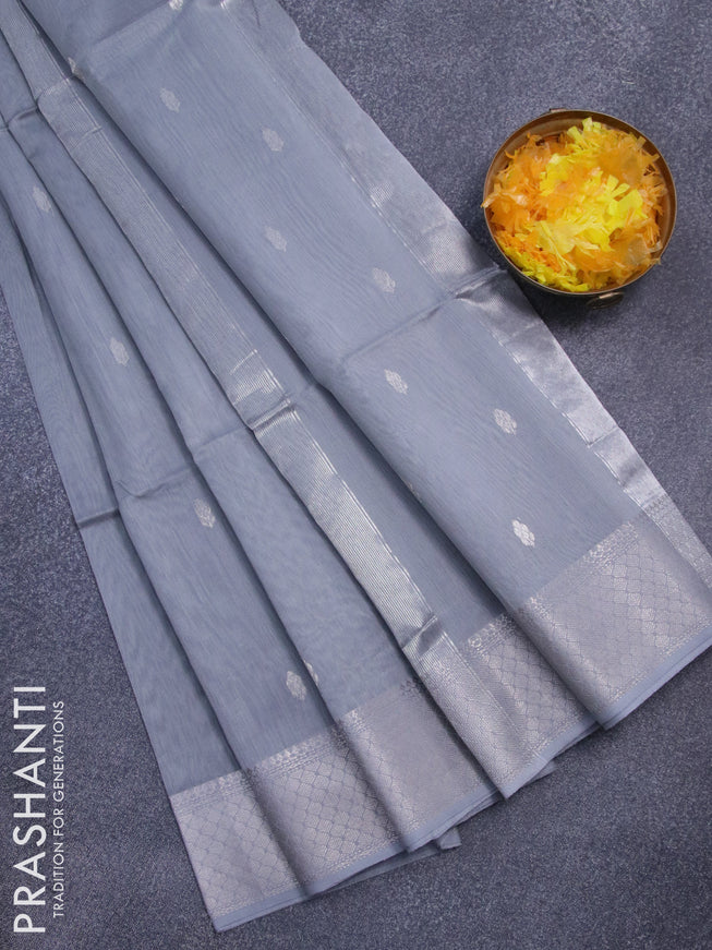 Maheshwari silk cotton saree grey with silver zari woven buttas and zari woven border