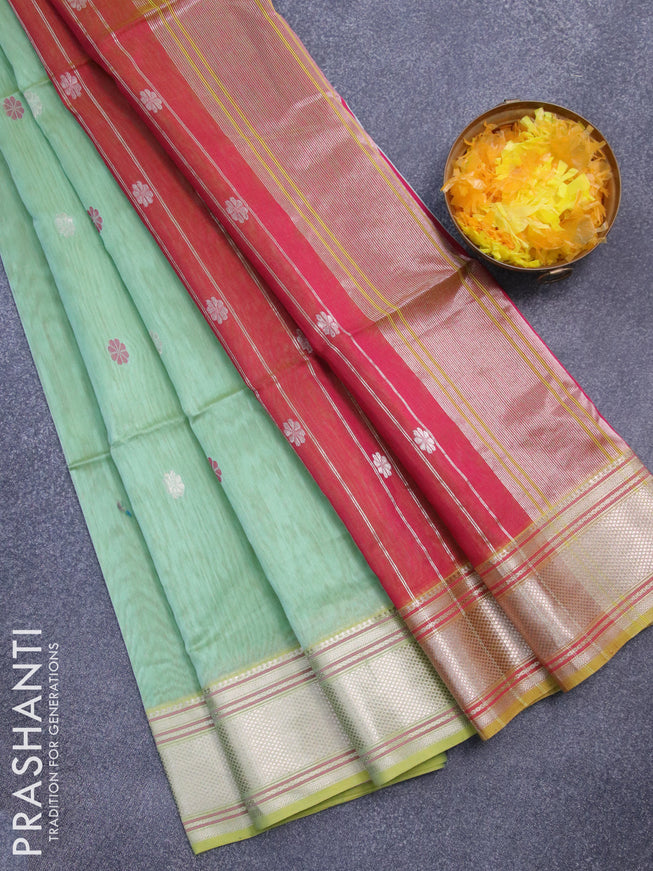 Maheshwari silk cotton saree dual shade of pastel green and maroon shade with thread & zari woven buttas and zari woven border