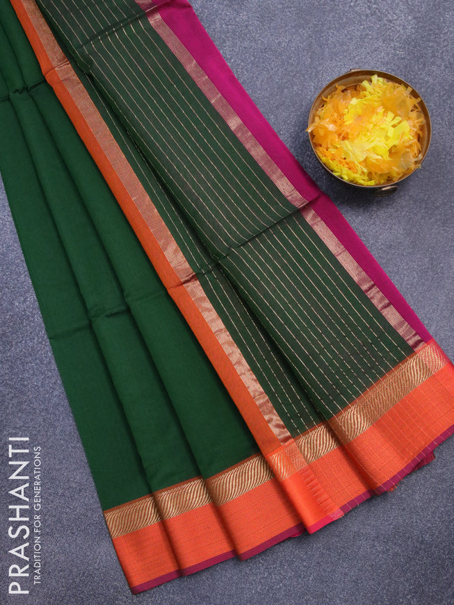 Maheshwari silk cotton saree sap green and orange with plain body and thread & zari woven border