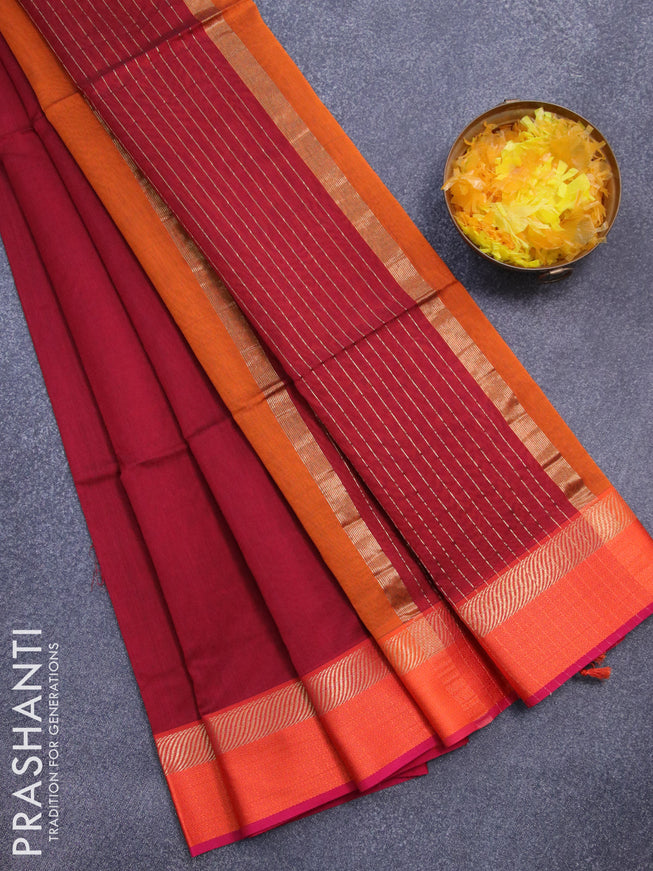 Maheshwari silk cotton saree maroon and mustard yellow with plain body and thread & zari woven border