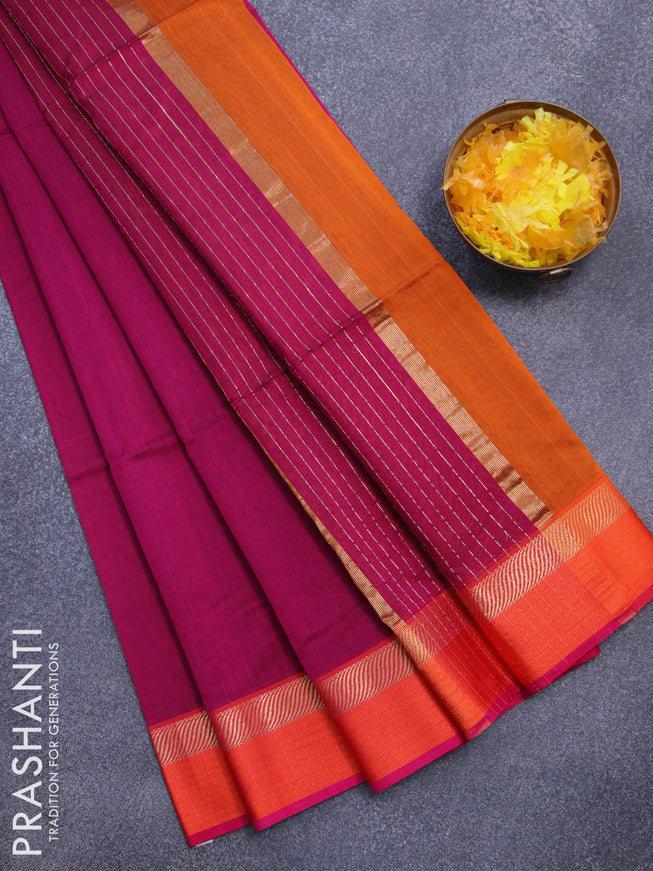 Maheshwari silk cotton saree magenta pink and mustard yellow with plain body and thread & zari woven border