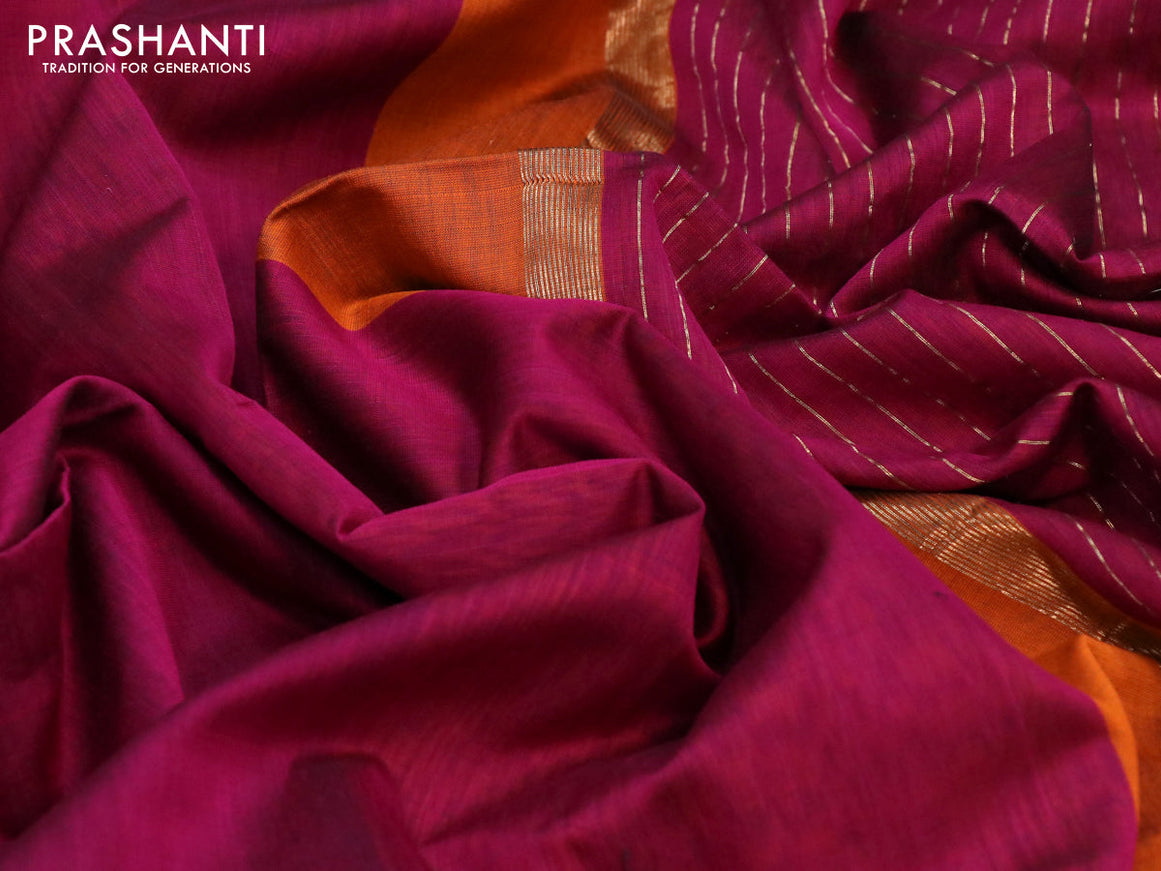 Maheshwari silk cotton saree magenta pink and mustard yellow with plain body and thread & zari woven border