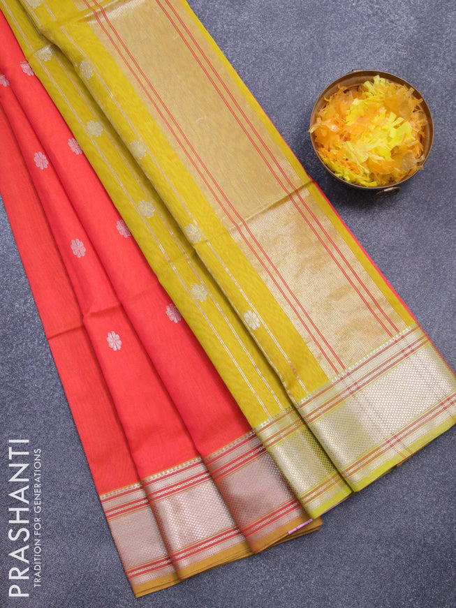 Maheshwari silk cotton saree orange and lime yellow with silver zari woven buttas and zari woven border