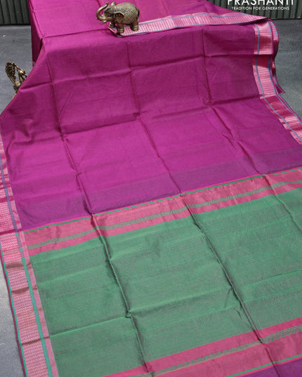 Maheshwari silk cotton saree purple and green with allover zari stripes pattern and zari woven border