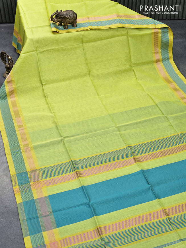 Maheshwari silk cotton saree lime yellow and peacock blue with allover thread checked pattern and thread & zari woven border