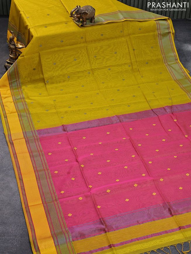 Maheshwari silk cotton saree lime yellow and dual shade of pink with zari woven buttas and thread & zari woven border