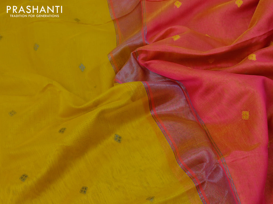 Maheshwari silk cotton saree lime yellow and dual shade of pink with zari woven buttas and thread & zari woven border