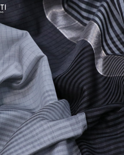 Maheshwari silk cotton saree grey and black with allover stripes pattern and thread & silver zari woven border