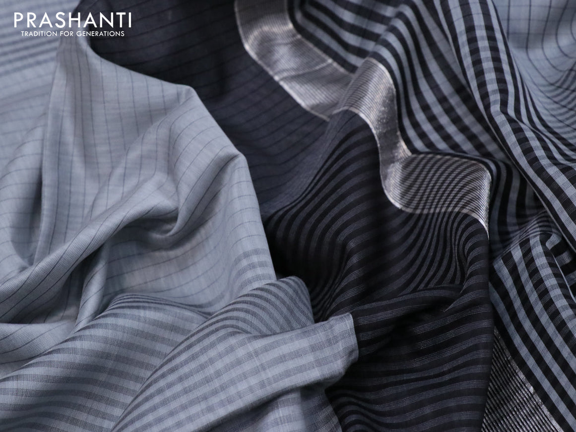 Maheshwari silk cotton saree grey and black with allover stripes pattern and thread & silver zari woven border