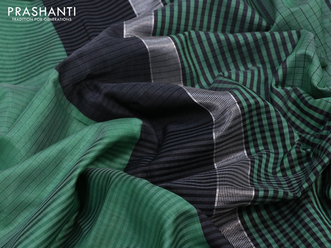 Maheshwari silk cotton saree green and black with allover stripes pattern and thread & silver zari woven border