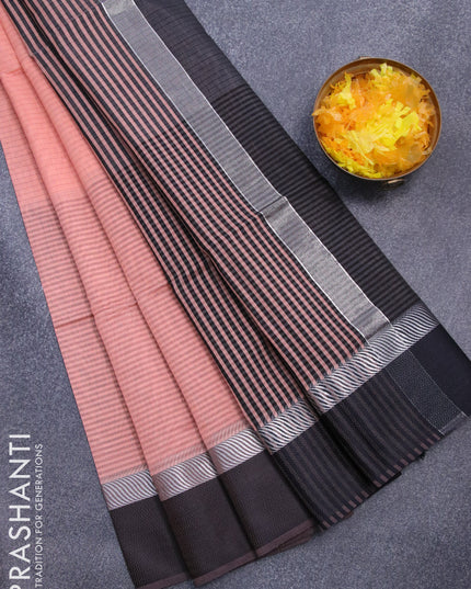 Maheshwari silk cotton saree peach and black with allover stripes pattern and thread & silver zari woven border