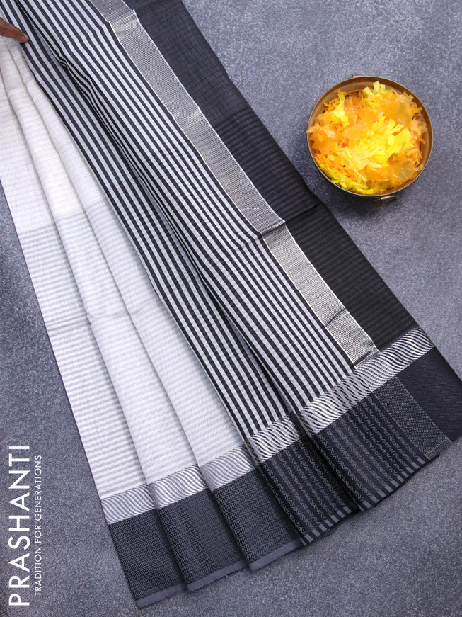 Maheshwari silk cotton saree off white and black with allover stripes pattern and thread & silver zari woven border