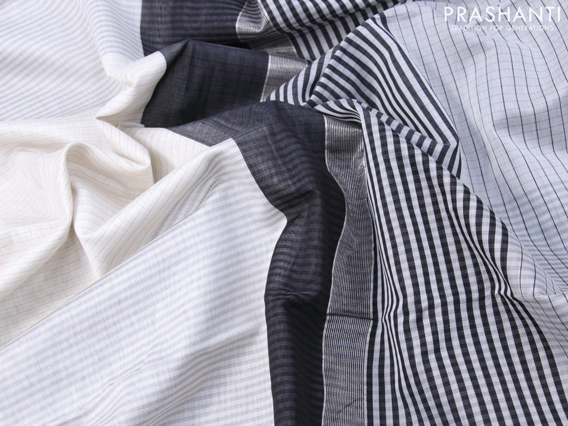 Maheshwari silk cotton saree off white and black with allover stripes pattern and thread & silver zari woven border